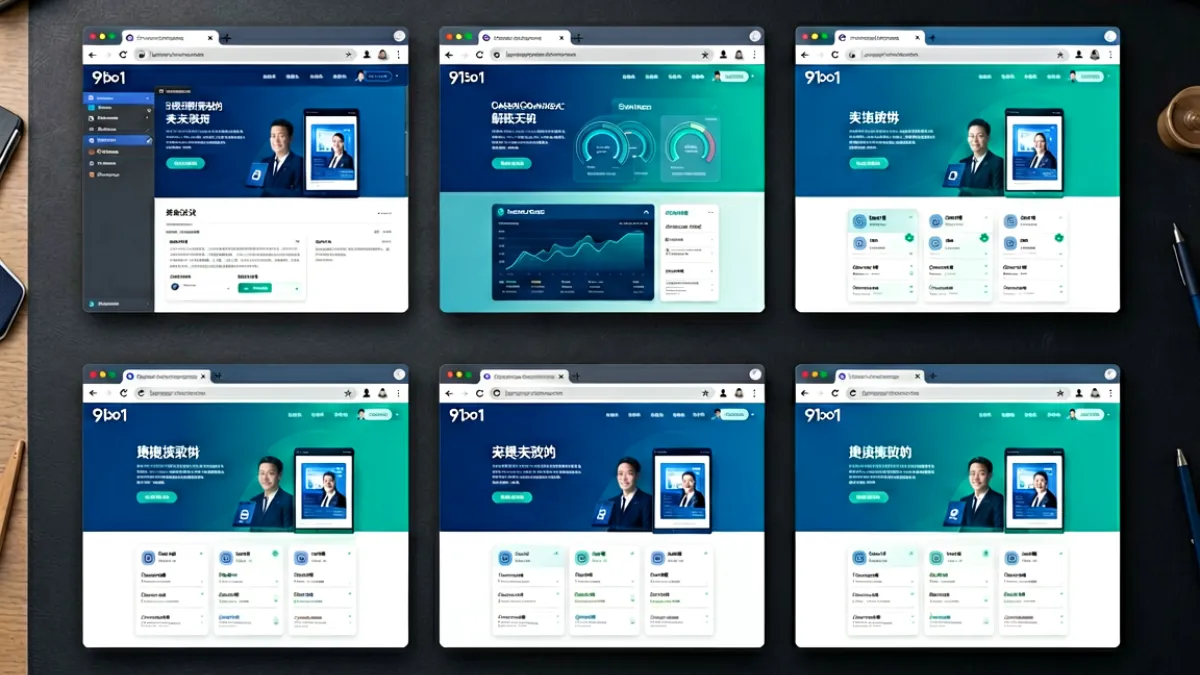 桌面屏幕上同时展示六款91网页产品的界面截图，每款以独立窗口排列，背景是深蓝色调的工作区